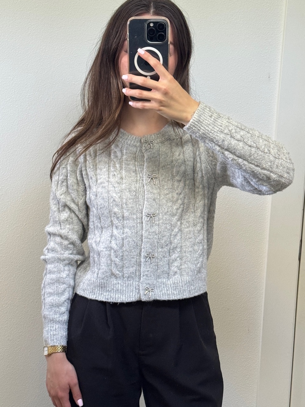 Jessica Simpson Gray Cable-Knit Cropped Cardigan with Bow Buttons